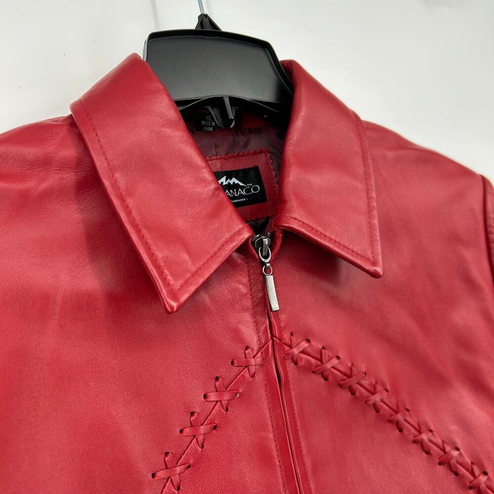 Women's Red Braided Lattice Western Cowgirl Montanaco 100% Leather Zip Jacket XL - Picture 2 of 10